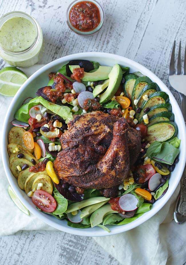 Smoked Chicken Greens Salad With Zucchini And Cilantro Lime Dressing