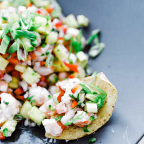 shrimp ceviche on a tortilla chip