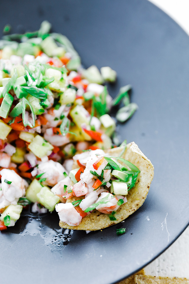 shrimp ceviche on a tortilla chip