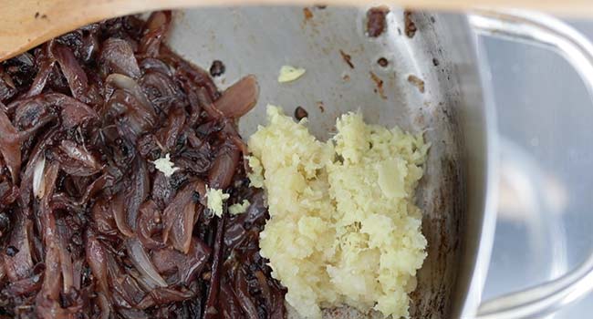 adding ginger and garlic to caramelized onions