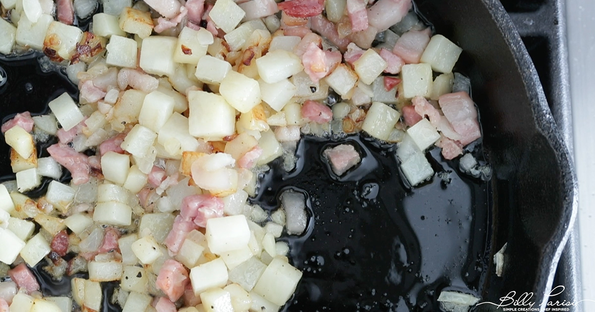 bacon, onions, and potatoes cooking