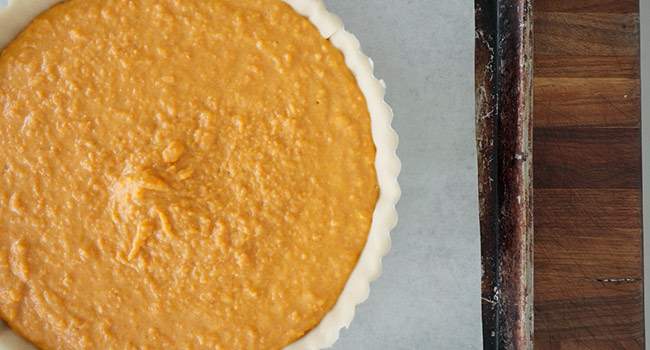 sweet potato pie filling in a pie