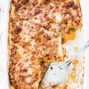 lasagna bolognese in a casserole dish