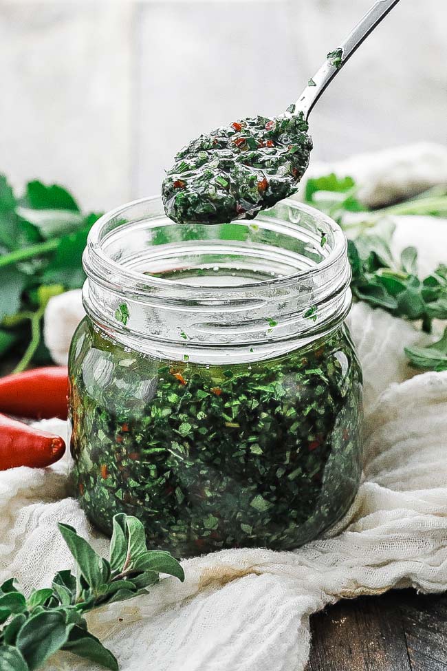 chimichurri sauce in a jar