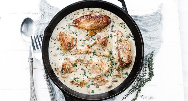 chicken fricassee with creamy mushroom sauce in a pan