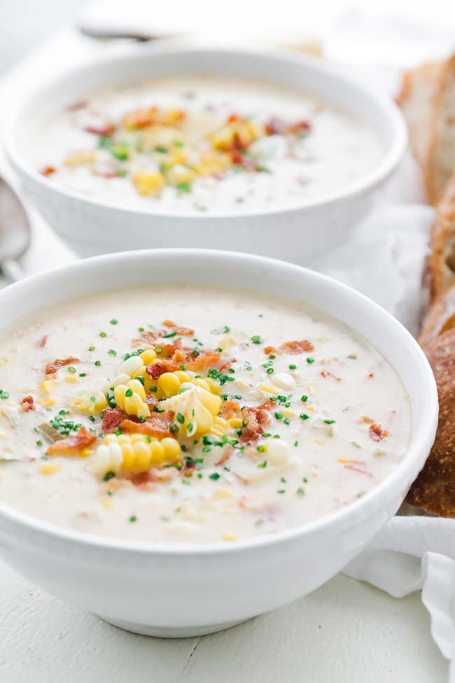 corn chowder soup with bacon in a bowl