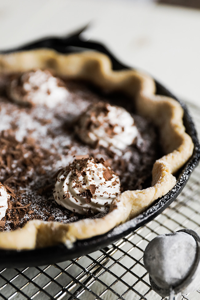 chocolate chess pie in a cast iron pan