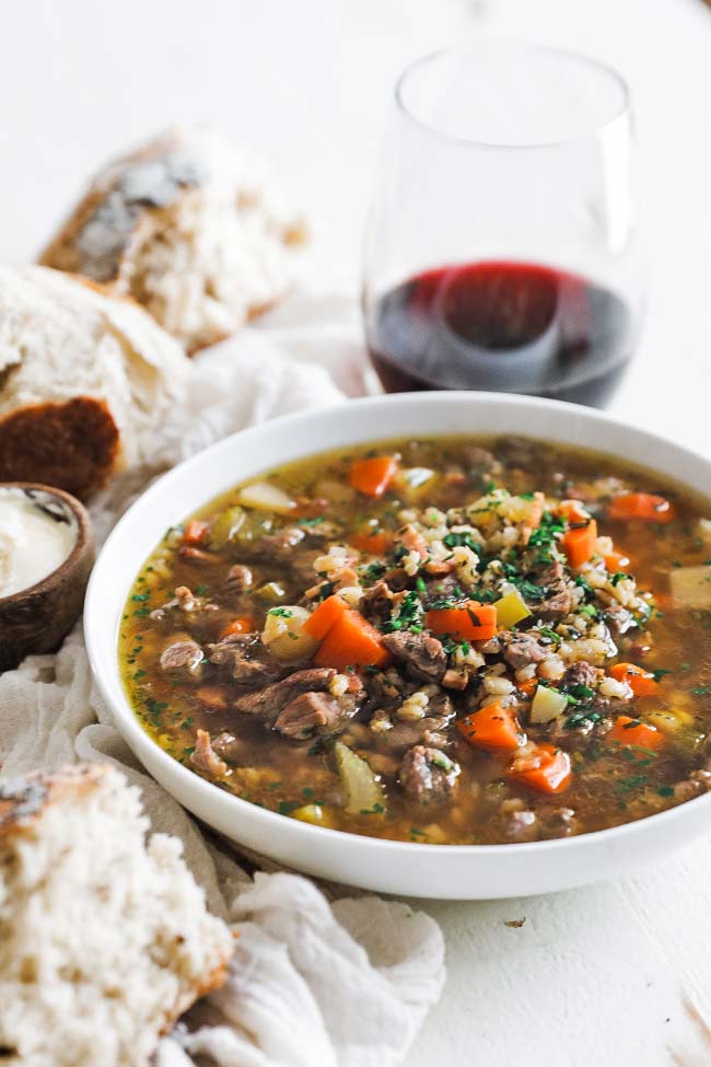 beef and barley soup in a bowl