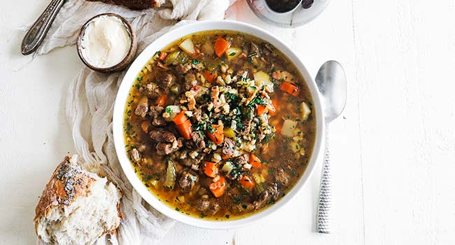 beef and barley soup with wine and bread