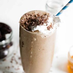 glass of chocolate protein smoothie