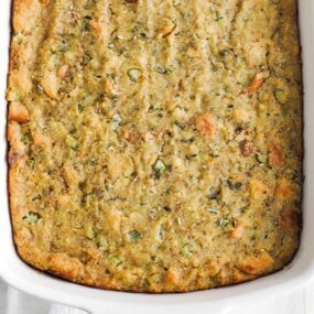 casserole dish with cornbread dressing