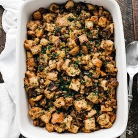 homemade turkey stuffing in a casserole dish