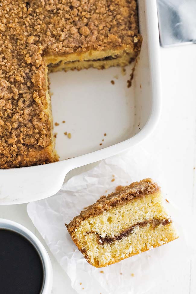 slice of coffee cake with coffee