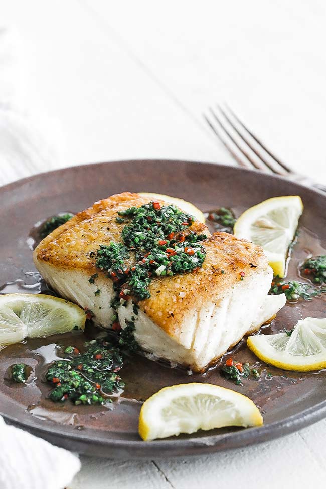 pan seared halibut with herb sauce