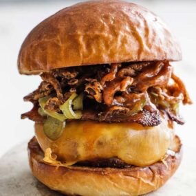 cowboy burger on a cutting board