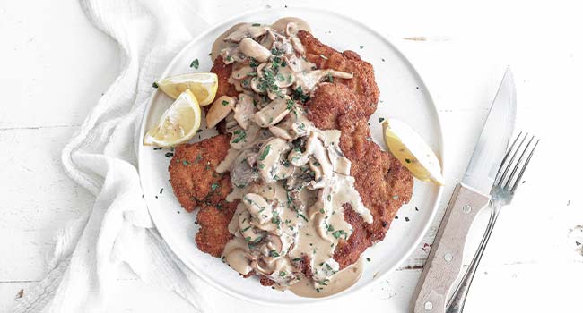 mushroom sauce over schnitzel