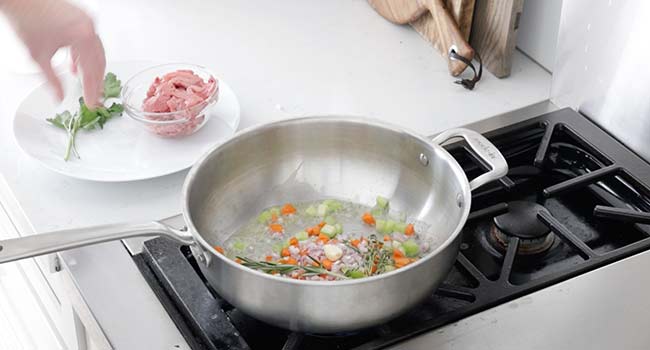 cooking mirepoix in a pot