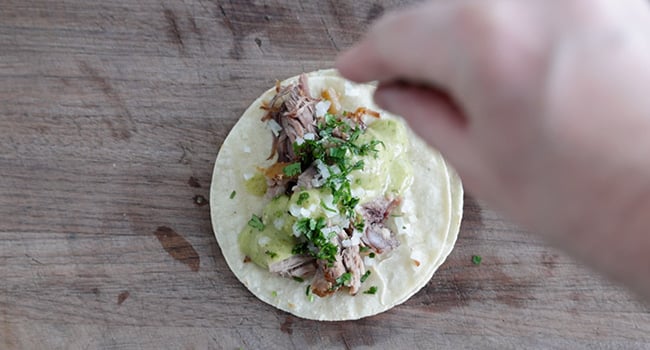 adding cilantro to carnitas tacos