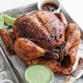 peruvian chicken on a sheet tray