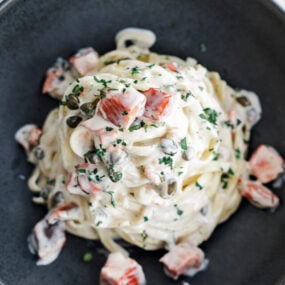 creamy salmon pasta in a bowl