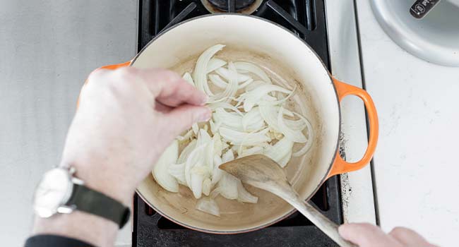 seasoning onions and garlic in a pot