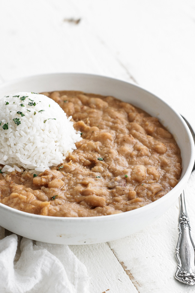 peruvian beans in a bowl with rice