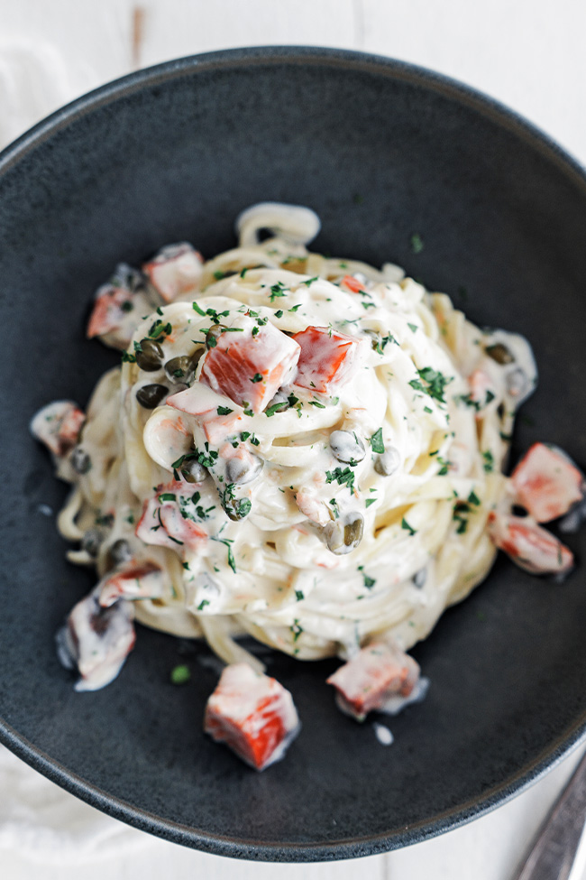 creamy salmon pasta in a bowl