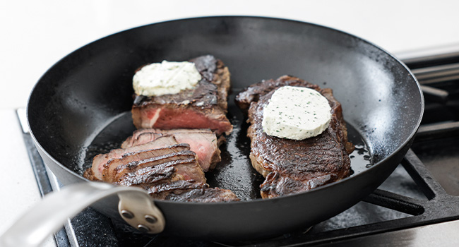 sliced steak in a skillet