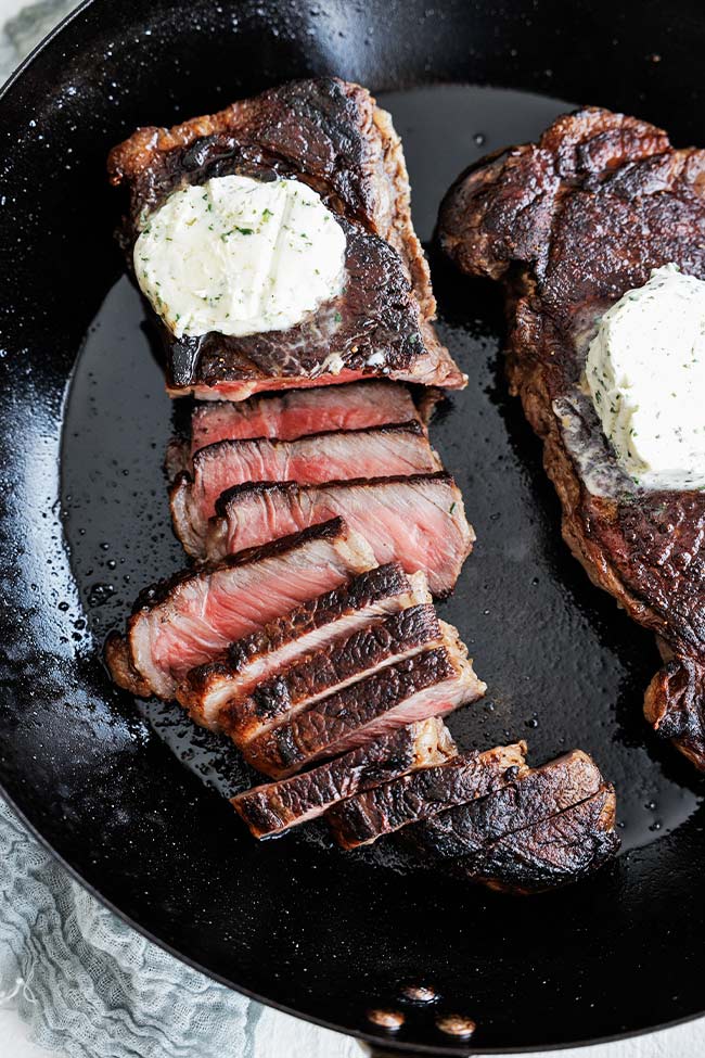 sliced steak in a pan