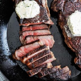 sliced steak in a pan