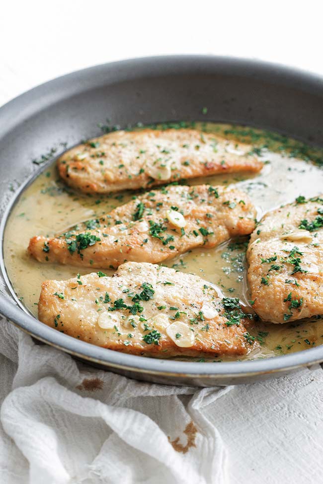 lemon butter chicken in a pan