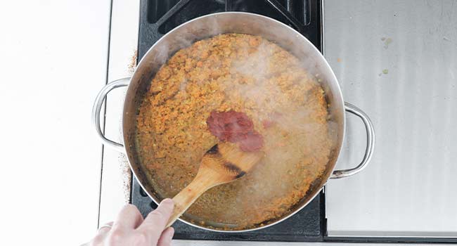 stirring tomato paste into vegetables