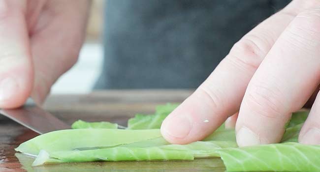 slicing away cabbage veins