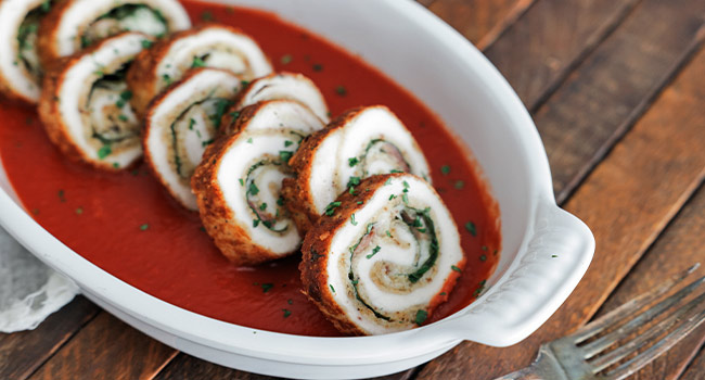 sliced chicken braciole in pomodoro sauce