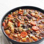 vegetable beef soup in a bowl