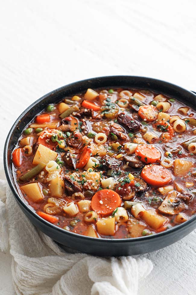 vegetable beef soup in a bowl