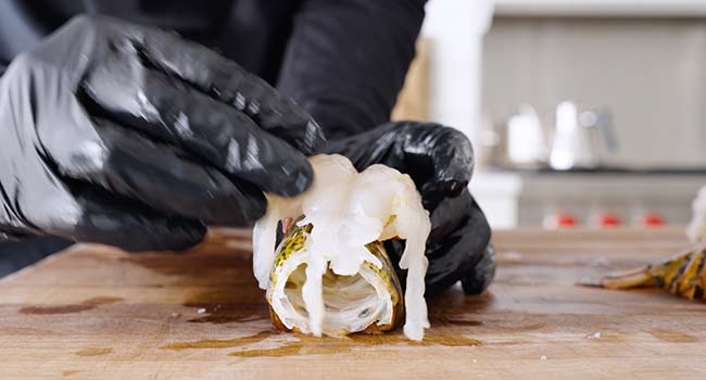 pulling lobster meat from a tail