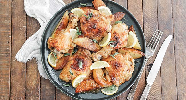 chicken with potatoes, lemons, and herbs