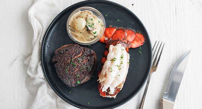 lobster and steak with mushroom sauce