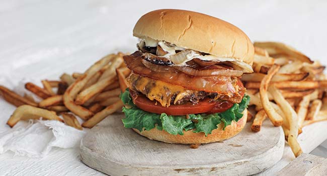 bacon cheddar burger with fries